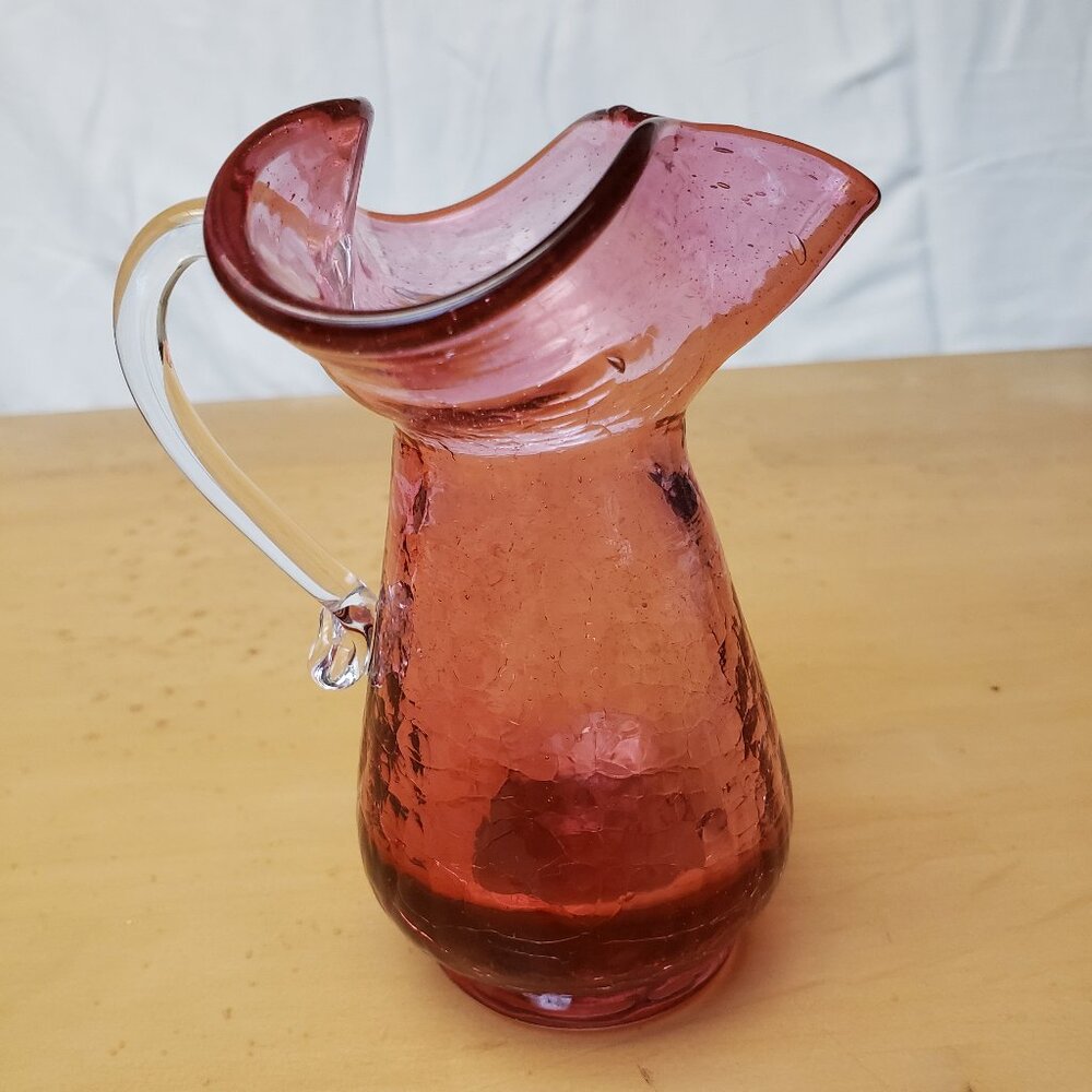 Vintage Cranberry Crackle  Hand Blown Pitcher